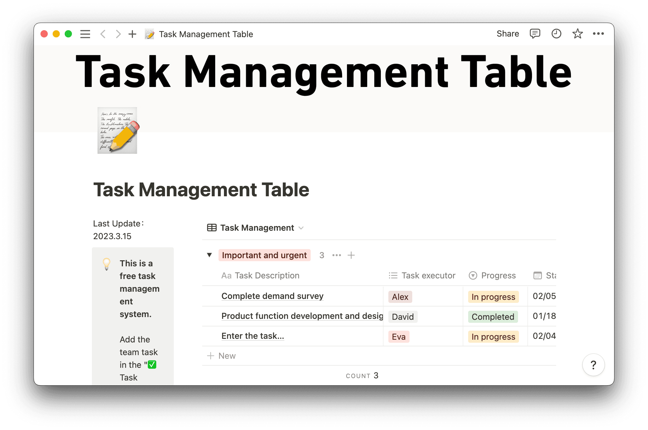 task management table checklist