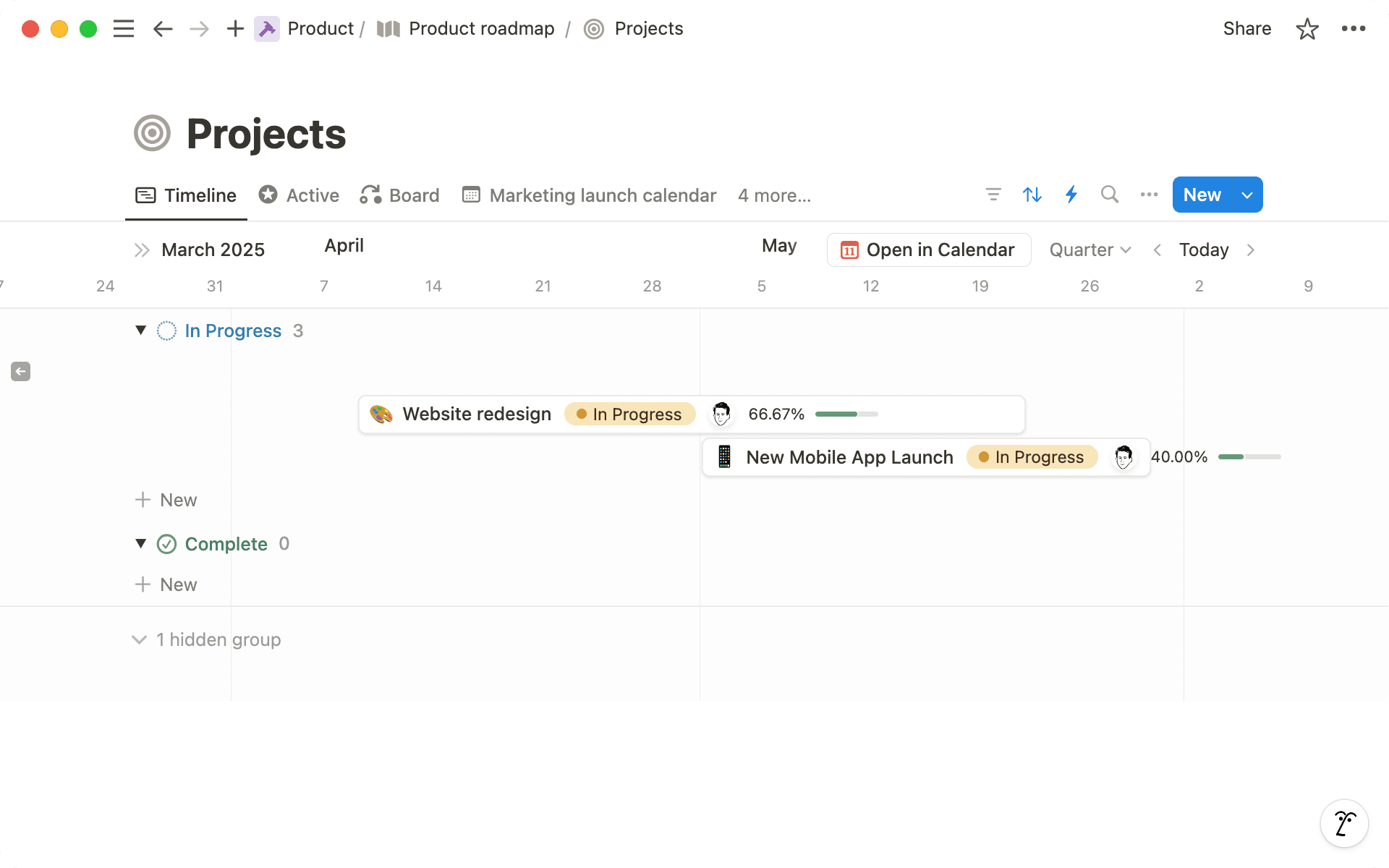 View projects on a timeline.