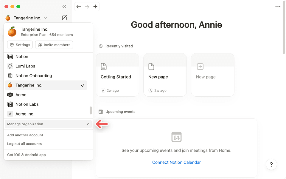 Click "manage organization" in the sidebar to access the admin console.